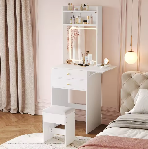 Kaptafel met Verstelbare LED-Verlichting en Kruk – Make-uptafel met Opklapbaar Tafelblad en Opbergruimte