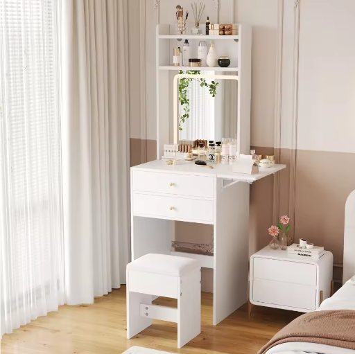 Kaptafel met Verstelbare LED-Verlichting en Kruk – Make-uptafel met Opklapbaar Tafelblad en Opbergruimte