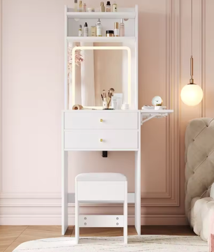 Kaptafel met Verstelbare LED-Verlichting en Kruk – Make-uptafel met Opklapbaar Tafelblad en Opbergruimte