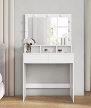 Kaptafel met LED-Verlichting en Spiegel – Make-uptafel met 2 Lades en Open Opbergruimte