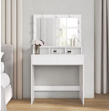 Kaptafel met LED-Verlichting en Spiegel – Make-uptafel met 2 Lades en Open Opbergruimte