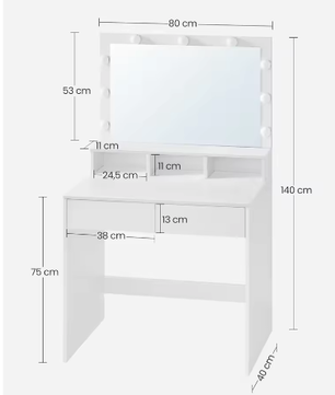 Kaptafel met LED-Verlichting en Spiegel – Make-uptafel met 2 Lades en Open Opbergruimte