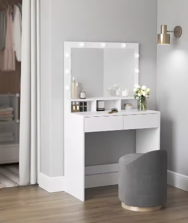 Kaptafel met LED-Verlichting en Spiegel – Make-uptafel met 2 Lades en Open Opbergruimte