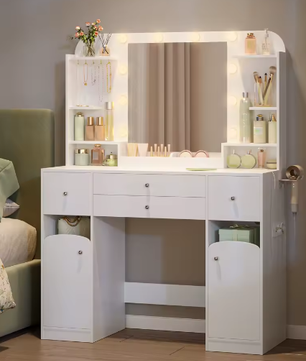 Kaptafel met LED-Verlichting, Stopcontacten en Haardrogerhouder – Make-uptafel met 2 Grote Lades en Sieradenopberging