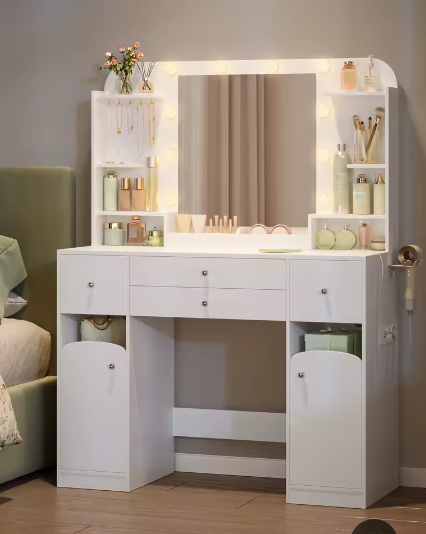 Kaptafel met LED-Verlichting, Stopcontacten en Haardrogerhouder – Make-uptafel met 2 Grote Lades en Sieradenopberging