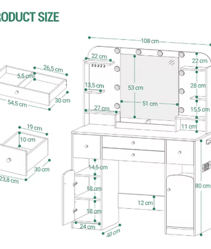 Kaptafel met LED-Verlichting, Stopcontacten en Haardrogerhouder – Make-uptafel met 2 Grote Lades en Sieradenopberging