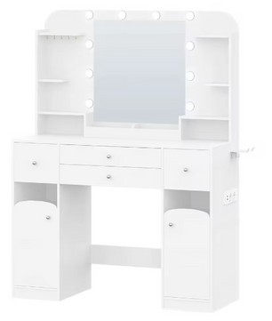 Kaptafel met LED-Verlichting, Stopcontacten en Haardrogerhouder – Make-uptafel met 2 Grote Lades en Sieradenopberging