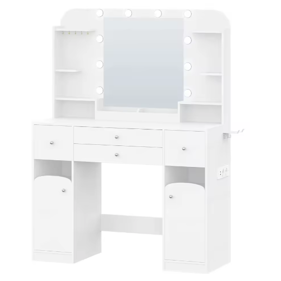 Kaptafel met LED-Verlichting, Stopcontacten en Haardrogerhouder – Make-uptafel met 2 Grote Lades en Sieradenopberging