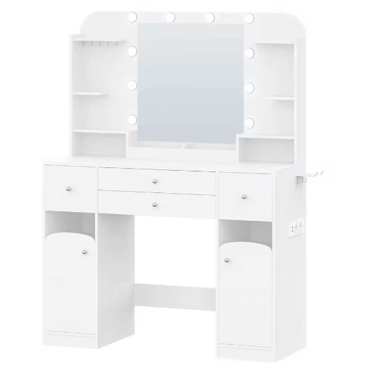 Kaptafel met LED-Verlichting, Stopcontacten en Haardrogerhouder – Make-uptafel met 2 Grote Lades en Sieradenopberging