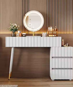 Kaptafel met LED-Spiegel en 5 Laden – Witte Make-uptafel met Ruime Opbergruimte