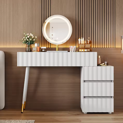 Kaptafel met LED-Spiegel en 5 Laden – Witte Make-uptafel met Ruime Opbergruimte