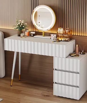 Kaptafel met LED-Spiegel en 5 Laden – Witte Make-uptafel met Ruime Opbergruimte