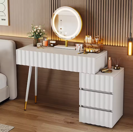 Kaptafel met LED-Spiegel en 5 Laden – Witte Make-uptafel met Ruime Opbergruimte