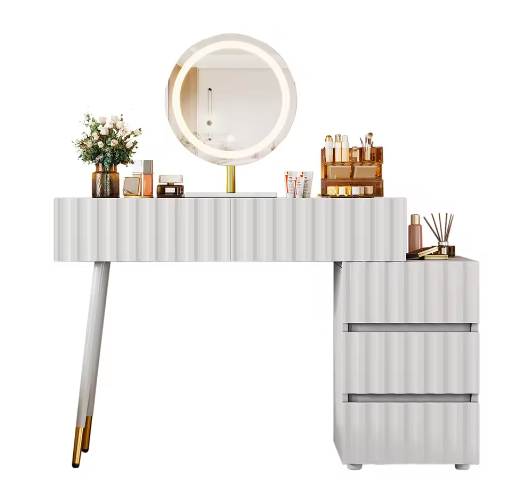 Kaptafel met LED-Spiegel en 5 Laden – Witte Make-uptafel met Ruime Opbergruimte