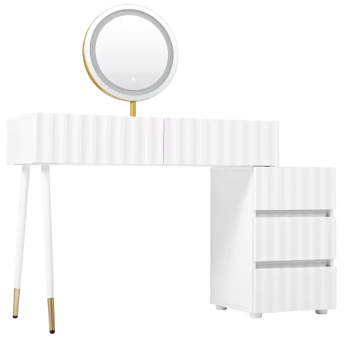 Kaptafel met LED-Spiegel en 5 Laden – Witte Make-uptafel met Ruime Opbergruimte