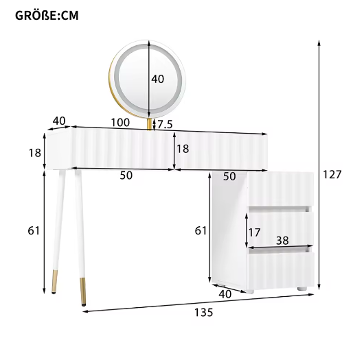 Kaptafel met LED-Spiegel en 5 Laden – Witte Make-uptafel met Ruime Opbergruimte