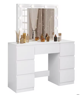 Vanity kaptafel met LED-verlichting – Grote spiegel en 7 lades, witte make-uptafel