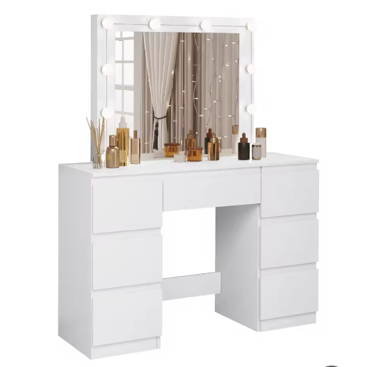 Vanity kaptafel met LED-verlichting – Grote spiegel en 7 lades, witte make-uptafel