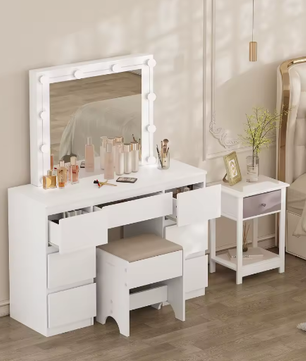 Vanity kaptafel met LED-verlichting – Grote spiegel en 7 lades, witte make-uptafel