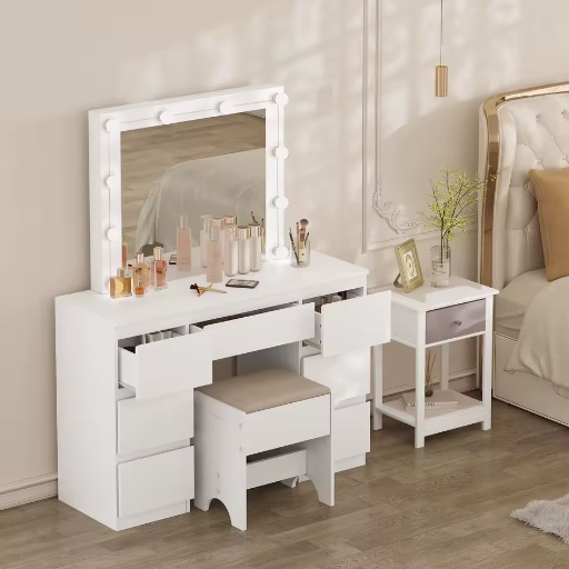 Vanity kaptafel met LED-verlichting – Grote spiegel en 7 lades, witte make-uptafel
