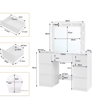 Vanity kaptafel met LED-verlichting – Grote spiegel en 7 lades, witte make-uptafel