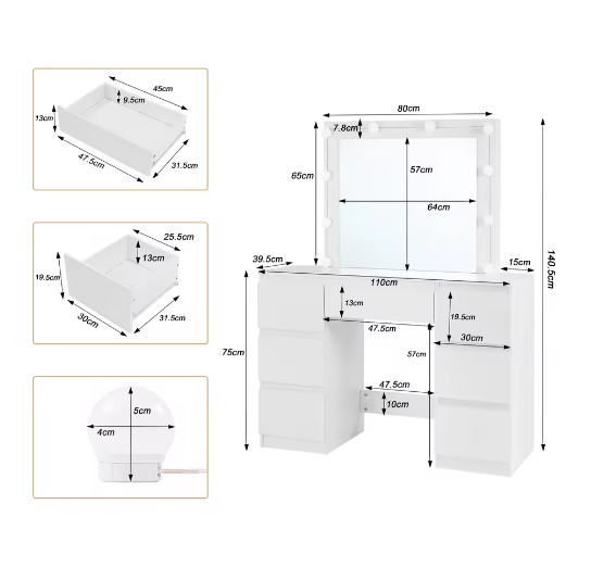 Vanity kaptafel met LED-verlichting – Grote spiegel en 7 lades, witte make-uptafel