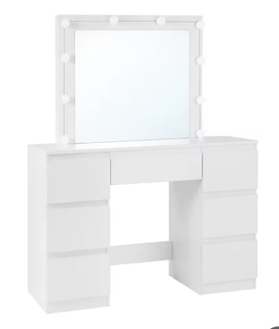 Vanity kaptafel met LED-verlichting – Grote spiegel en 7 lades, witte make-uptafel