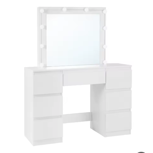 Vanity kaptafel met LED-verlichting – Grote spiegel en 7 lades, witte make-uptafel