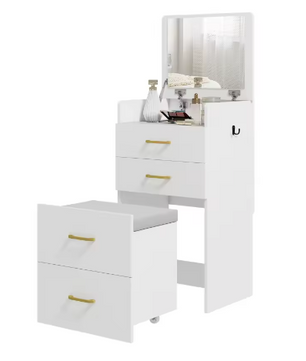 3-in-1 Kaptafel met Spiegel, Nachtkastje en Kruk – Opberglades, Wit