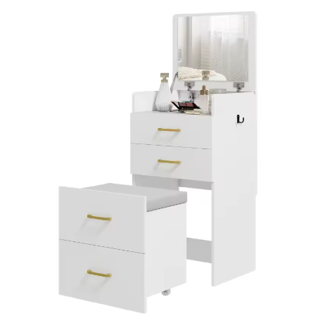 3-in-1 Kaptafel met Spiegel, Nachtkastje en Kruk – Opberglades, Wit