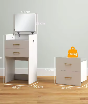 3-in-1 Kaptafel met Spiegel, Nachtkastje en Kruk – Opberglades, Wit