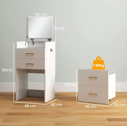 3-in-1 Kaptafel met Spiegel, Nachtkastje en Kruk – Opberglades, Wit