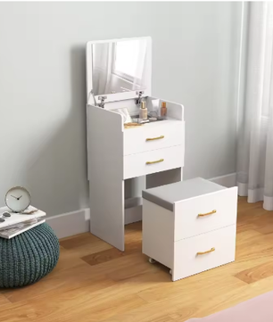 3-in-1 Kaptafel met Spiegel, Nachtkastje en Kruk – Opberglades, Wit