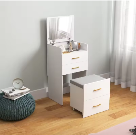3-in-1 Kaptafel met Spiegel, Nachtkastje en Kruk – Opberglades, Wit