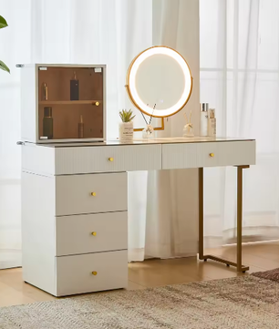 Kaptafel met LED Spiegel, Glazen Blad, 5 Lades en Kasten – Modern Wit, 120 x 45 x 115 cm