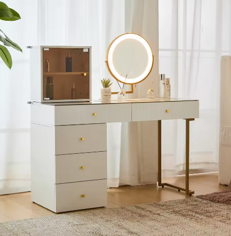 Kaptafel met LED Spiegel, Glazen Blad, 5 Lades en Kasten – Modern Wit, 120 x 45 x 115 cm
