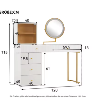 Kaptafel met LED Spiegel, Glazen Blad, 5 Lades en Kasten – Modern Wit, 120 x 45 x 115 cm
