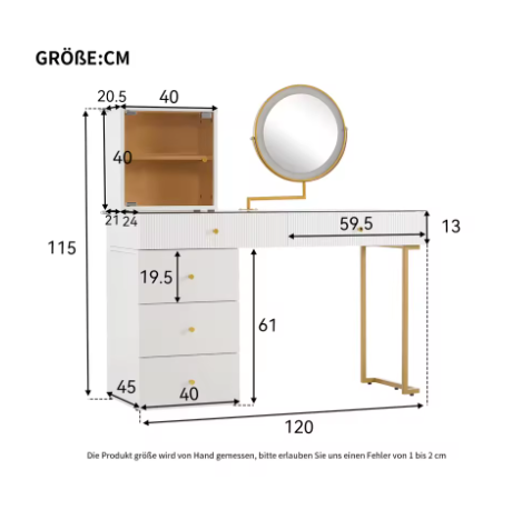 Kaptafel met LED Spiegel, Glazen Blad, 5 Lades en Kasten – Modern Wit, 120 x 45 x 115 cm