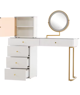 Kaptafel met LED Spiegel, Glazen Blad, 5 Lades en Kasten – Modern Wit, 120 x 45 x 115 cm