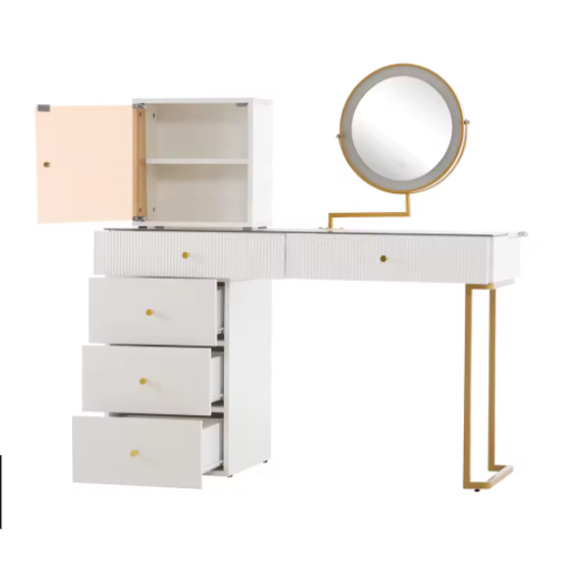 Kaptafel met LED Spiegel, Glazen Blad, 5 Lades en Kasten – Modern Wit, 120 x 45 x 115 cm