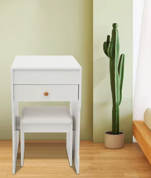 Compacte Kaptafel met Spiegel, Opberglades en Kruk – Modern Wit, 40 x 37 x 72 cm