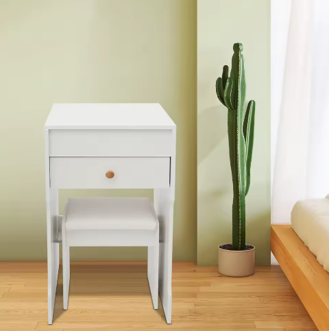 Compacte Kaptafel met Spiegel, Opberglades en Kruk – Modern Wit, 40 x 37 x 72 cm