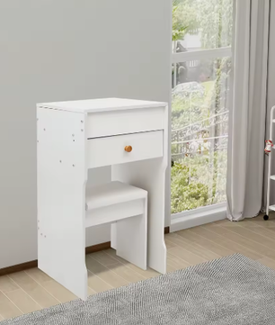 Compacte Kaptafel met Spiegel, Opberglades en Kruk – Modern Wit, 40 x 37 x 72 cm