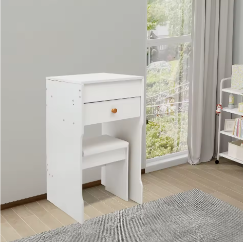 Compacte Kaptafel met Spiegel, Opberglades en Kruk – Modern Wit, 40 x 37 x 72 cm