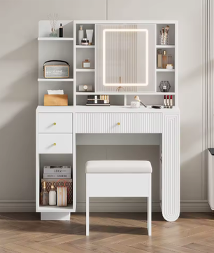 Moderne Kaptafel met Spiegel en LED-verlichting – Lade, Open Plank en Kruk, 100×40×138 cm
