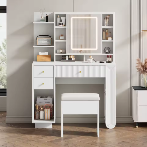 Moderne Kaptafel met Spiegel en LED-verlichting – Lade, Open Plank en Kruk, 100×40×138 cm