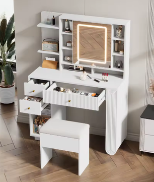Moderne Kaptafel met Spiegel en LED-verlichting – Lade, Open Plank en Kruk, 100×40×138 cm