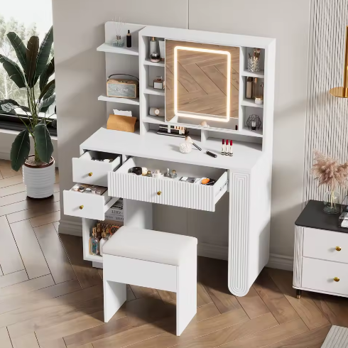 Moderne Kaptafel met Spiegel en LED-verlichting – Lade, Open Plank en Kruk, 100×40×138 cm