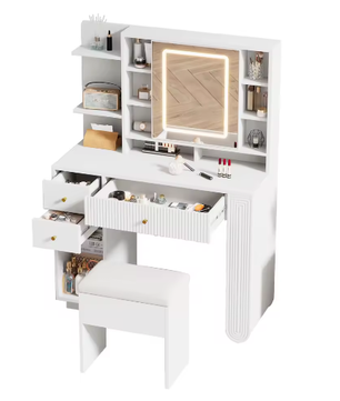 Moderne Kaptafel met Spiegel en LED-verlichting – Lade, Open Plank en Kruk, 100×40×138 cm