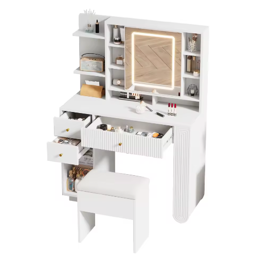 Moderne Kaptafel met Spiegel en LED-verlichting – Lade, Open Plank en Kruk, 100×40×138 cm